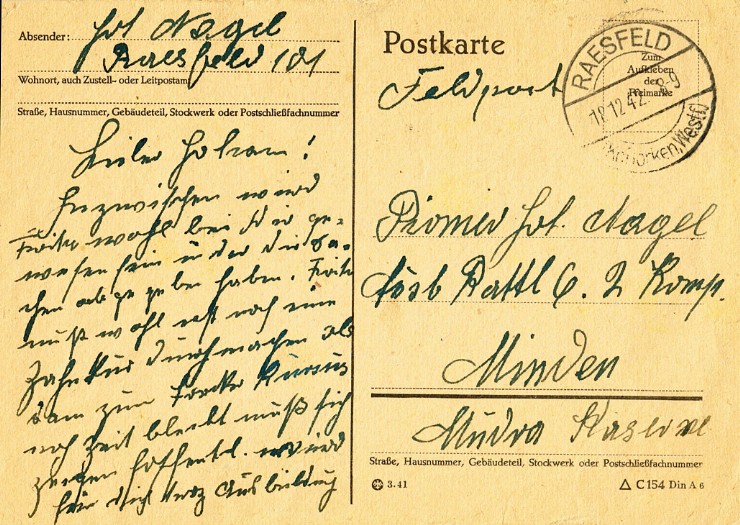 Postkarte von Johann Nagel an seinen Sohn Johann